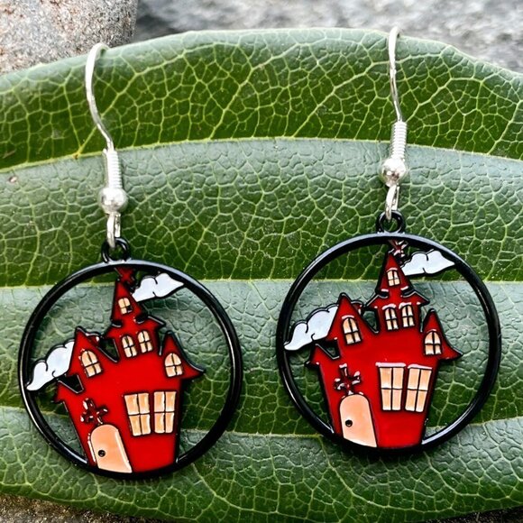 Hand Crafted Jewelry - Haunted House Halloween Drop Earrings